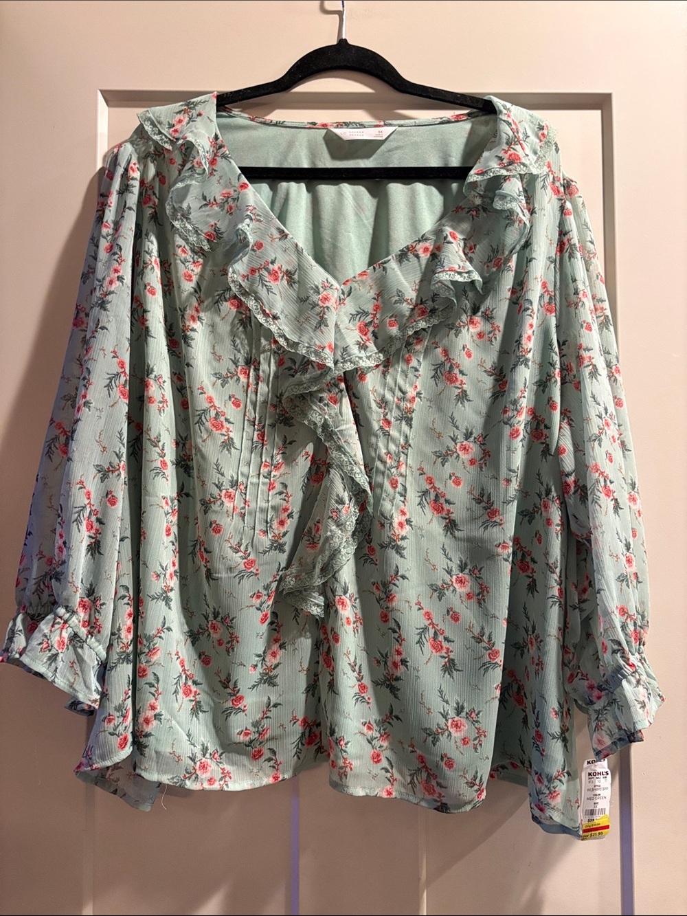 LC Lauren Conrad Mint Green Floral Ruffle Blouse - 3X - Beautiful, Cottagecore